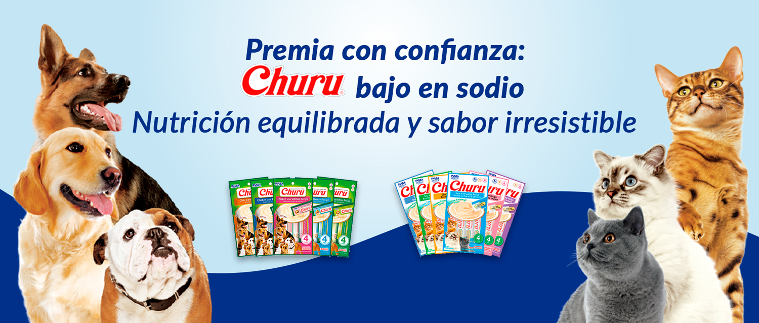 Banner Churu bajo en sodio para perros y gatos, snack saludable con nutrición equilibrada y sabor irresistible.